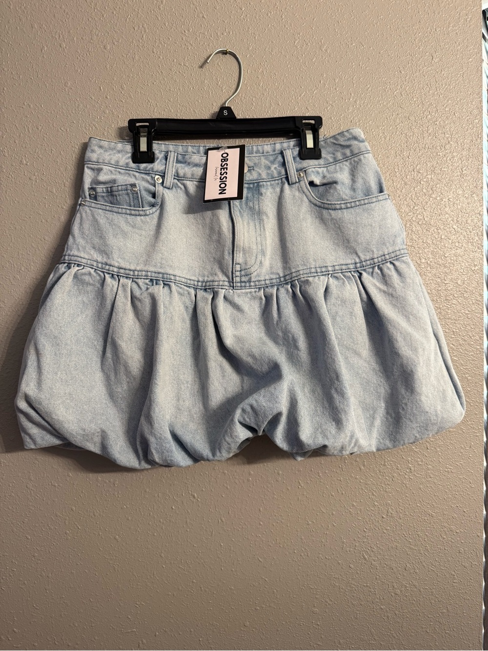 Light Wash Denim Bubble Hem Mini Skirt
